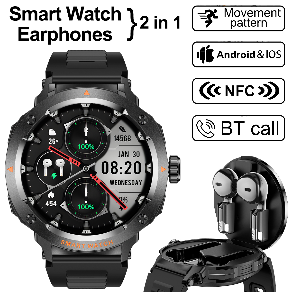 NFC Smart Watch Wireless Earph - Earbuds Charging Case recension och pris